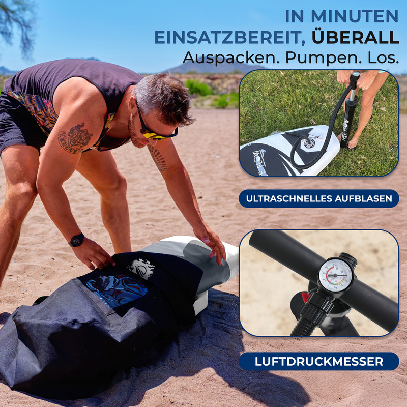 Mann packt ein aufblasbares Brett aus. Pumpe und Manometer gezeigt.