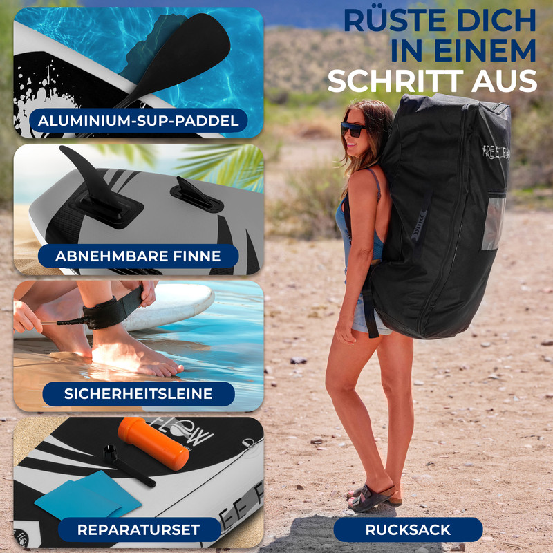 Mann mit Rucksack, Paddel, Finne, Leine und Reparaturset für SUP.