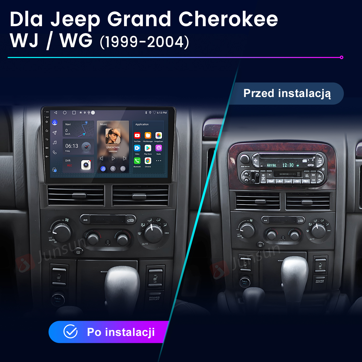Porównanie desek rozdzielczych Jeep Grand Cherokee: lewa nowoczesny ekran dotykowy, prawa stare radio.