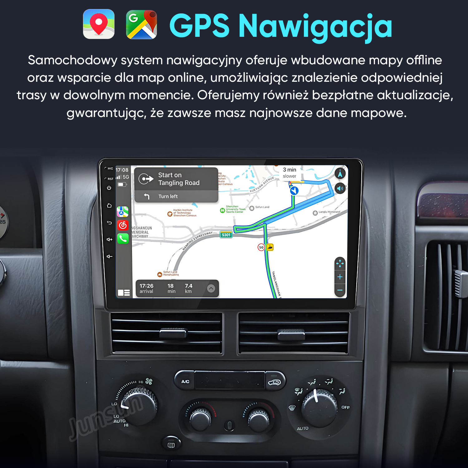 Samochodowy system nawigacji z mapami i wsparciem online na ekranie deski rozdzielczej.