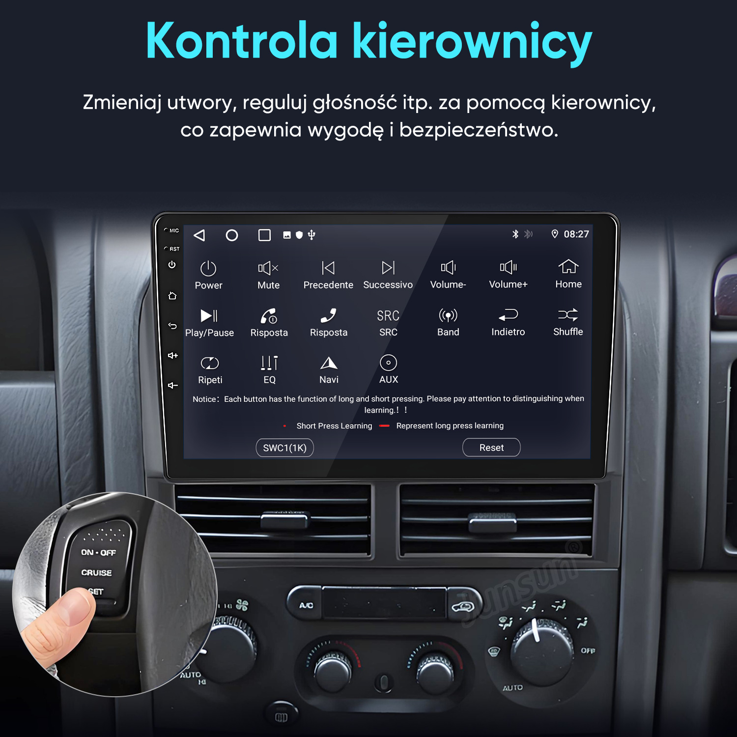 Palec naciska przyciski tempomatu na kierownicy samochodu. Ekran dotykowy wyświetla interfejs.
