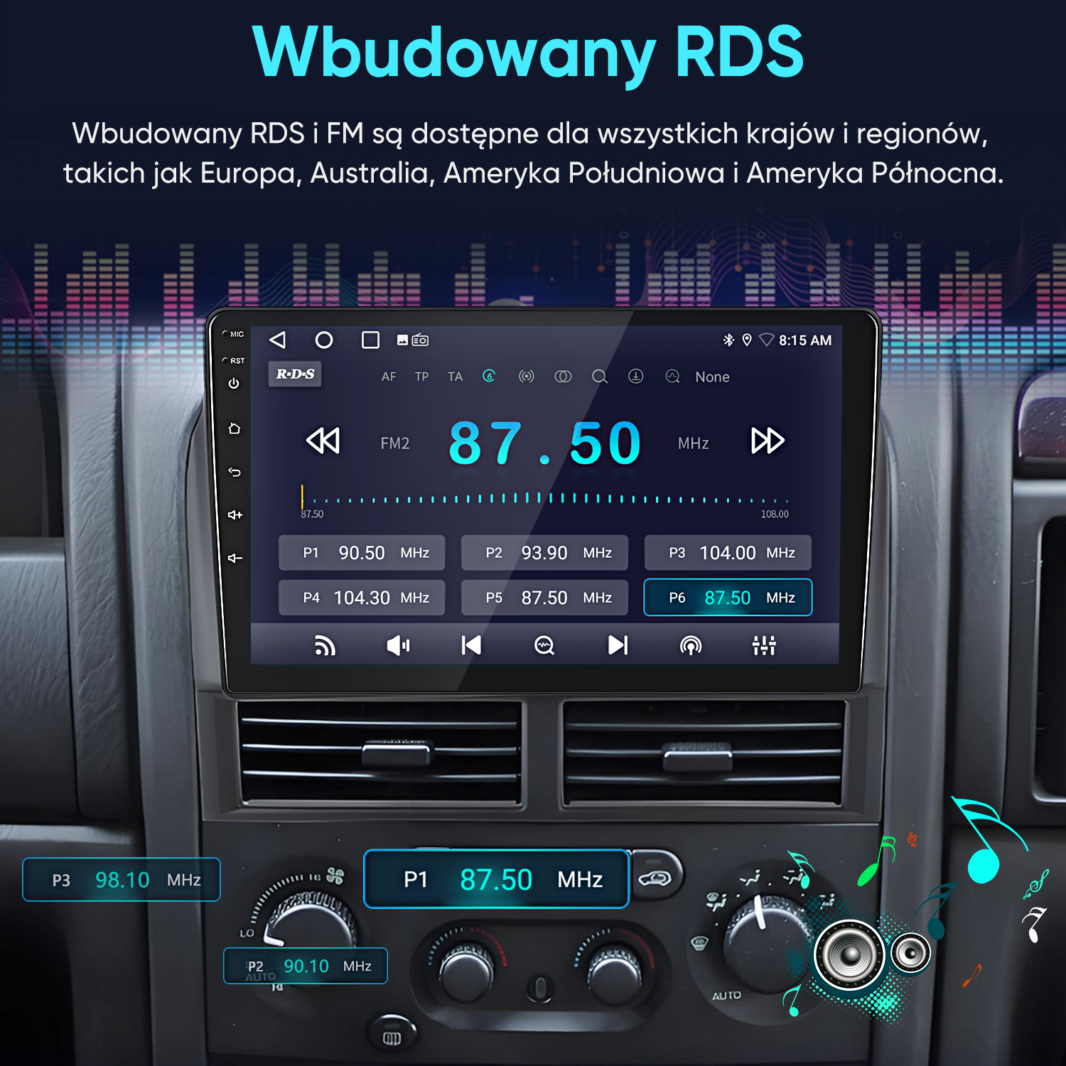 Ekran radia samochodowego pokazuje FM2 87.50 MHz z zaprogramowanymi częstotliwościami.