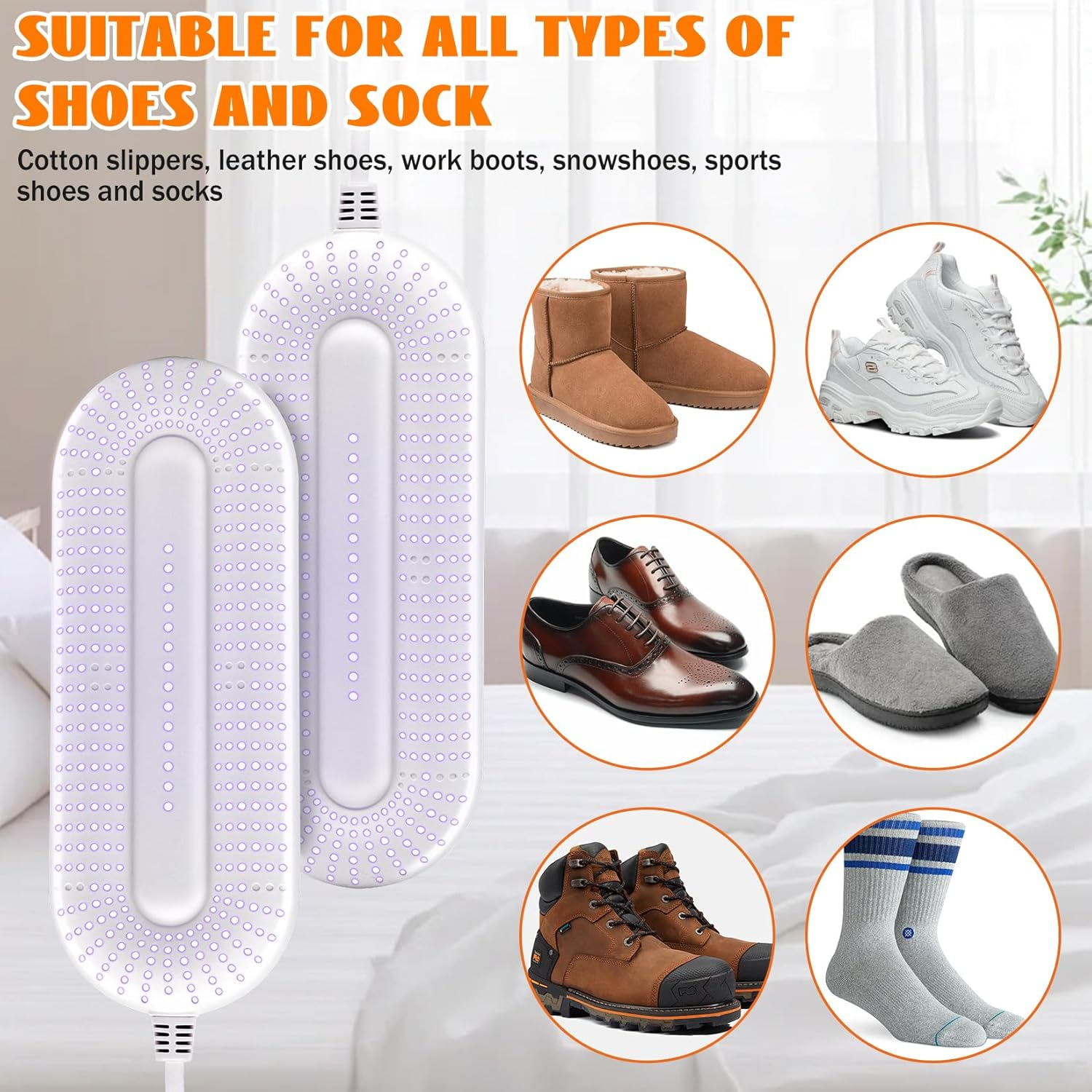 Schuh- und Socken-Trockner mit verschiedenen Schuhen: Stiefel, Sneaker, Lederschuhe, Hausschuhe, Arbeitsschuhe, Socken.