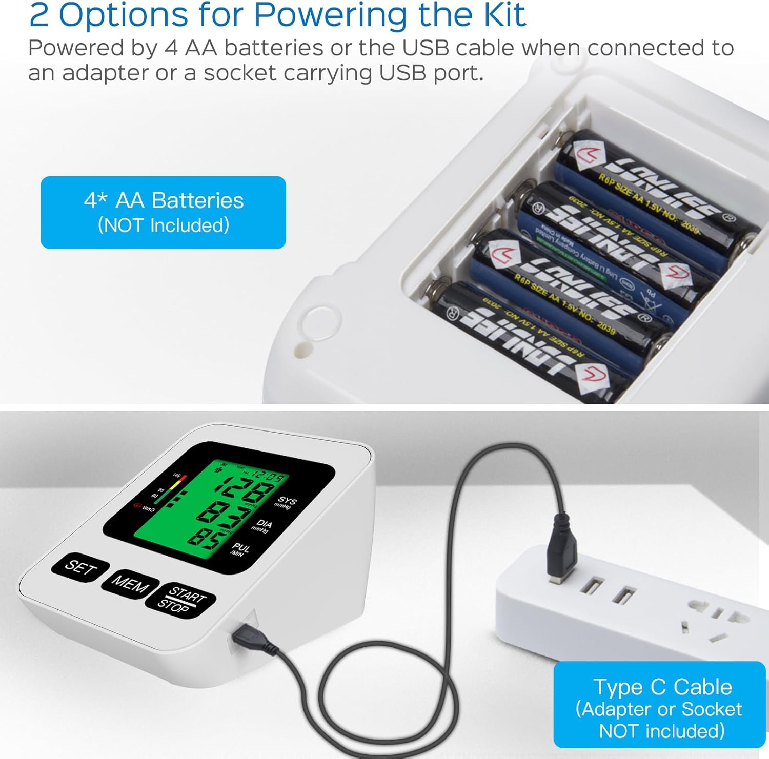 Blutdruckmessgerät mit grüner Anzeige, AA-Batterien und USB-Anschluss an Steckdose.