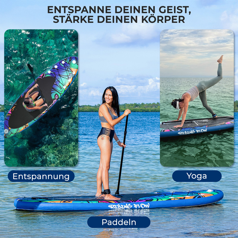 Frau paddelt, entspannt auf SUP und macht Yoga auf SUP.
