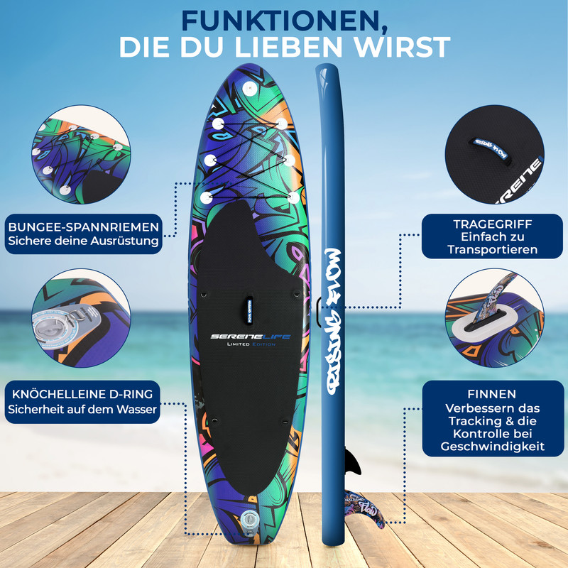 Aufblasbares SUP-Board mit bunten Grafiken, Leine, Griff und Finnen.