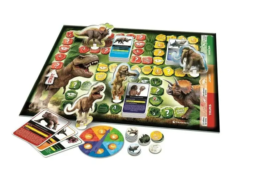Gra planszowa z figurkami dinozaurów, mamutów i wczesnych ludzi.