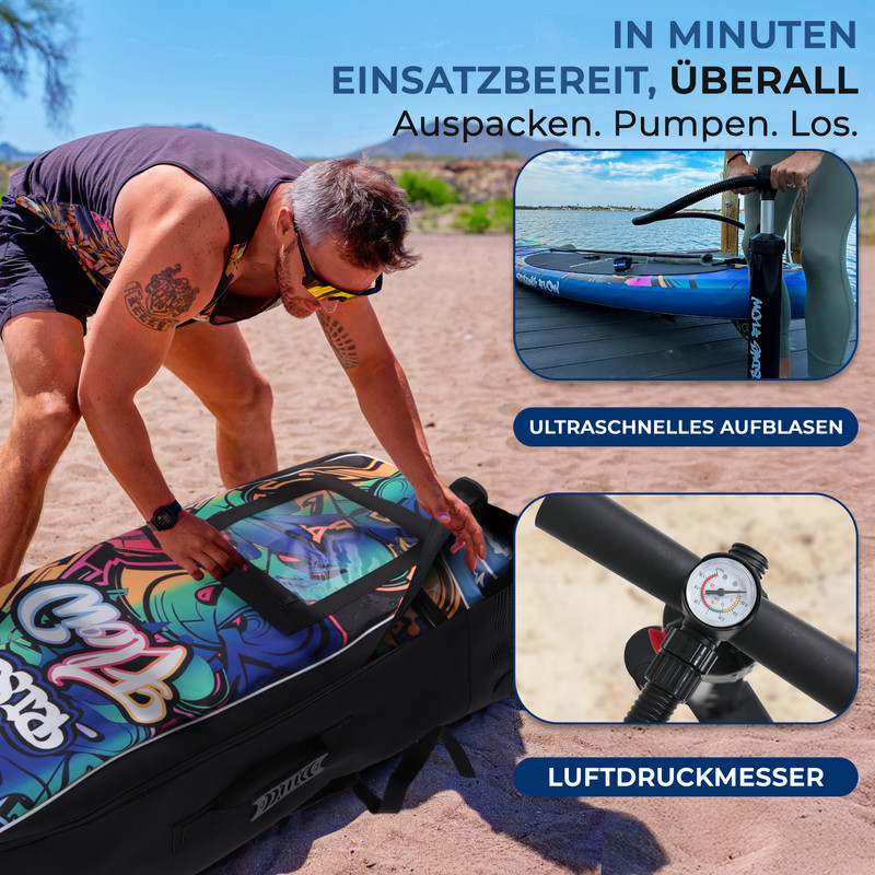 Mann packt aufblasbares Board aus. Pumpe und Manometer sind zu sehen.