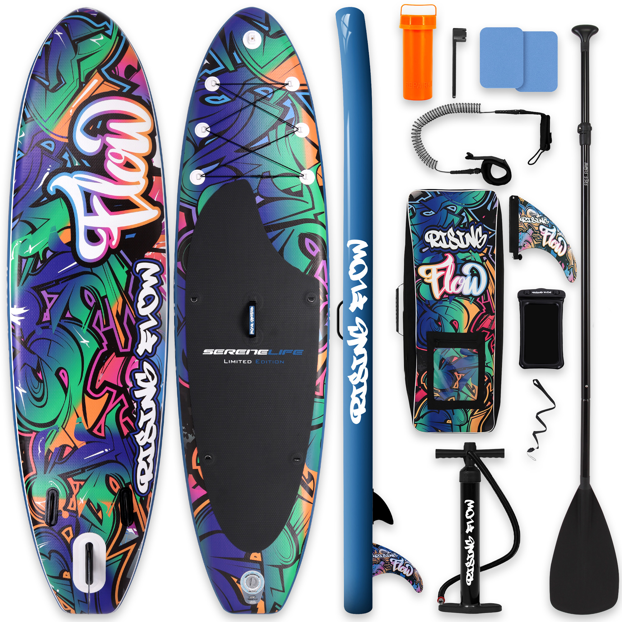 Stand-Up-Paddle-Board mit Graffiti-Design, Zubehör: Pumpe, Paddel, Flosse, Leine.