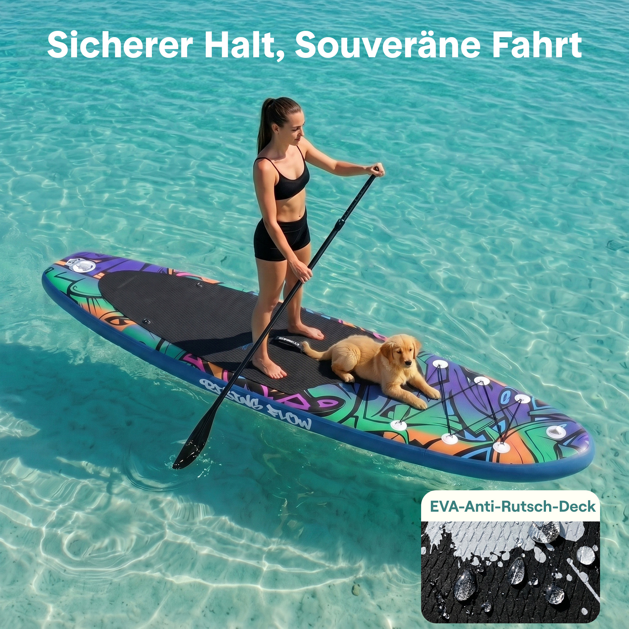 Frau und Hund auf SUP-Board im klaren Wasser. Bunte Grafik. Anti-Rutsch-Deck.
