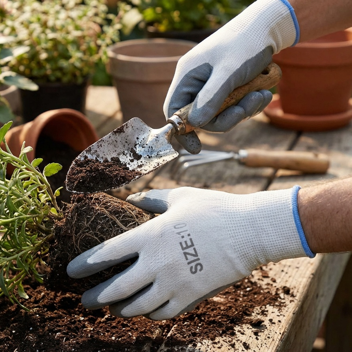 Manos con guantes de jardinería blancos plantando una planta con una paleta y tierra.