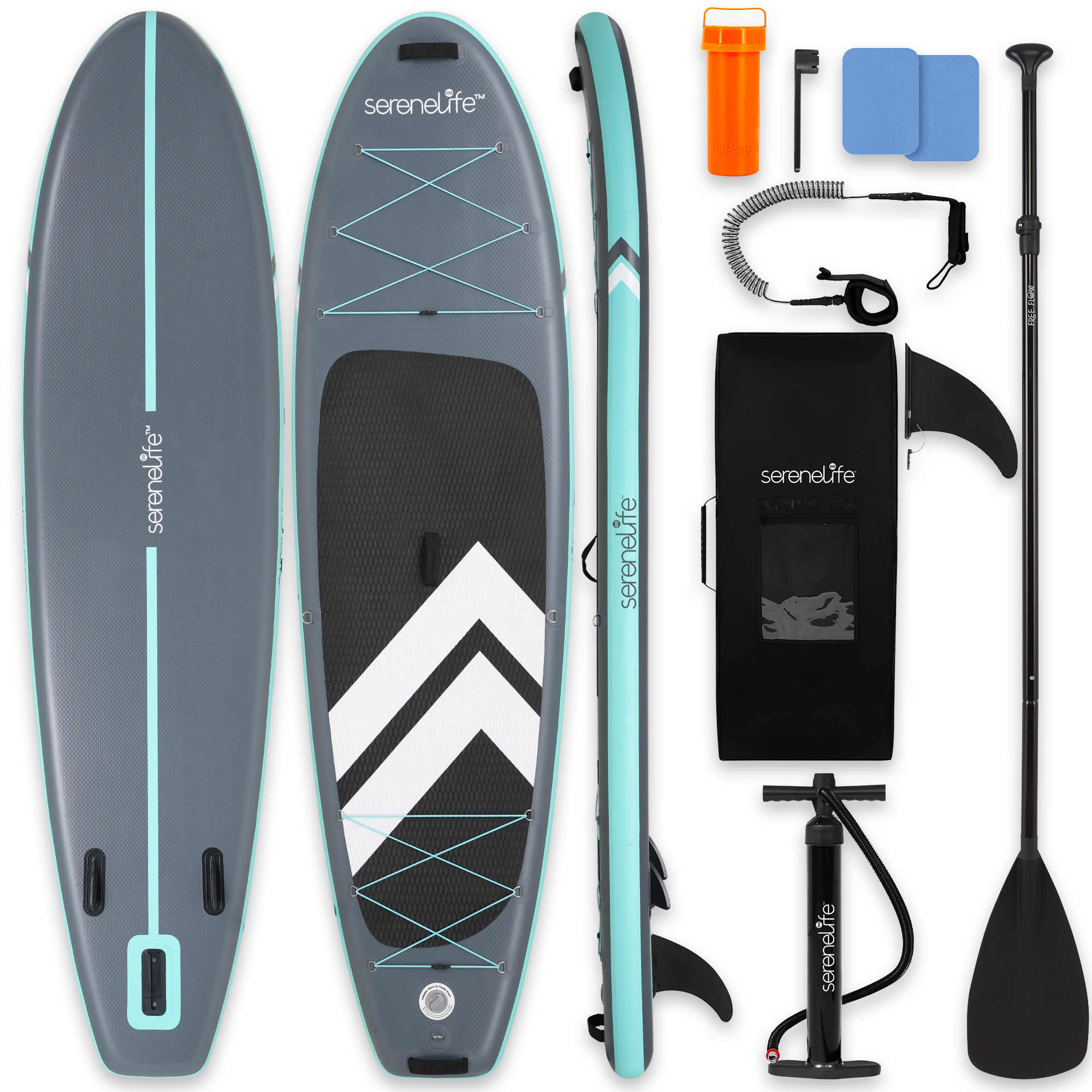 Graues Stand-Up-Paddleboard mit Zubehör: Pumpe, Paddel, Finne, Tasche, Leine, Reparaturset.