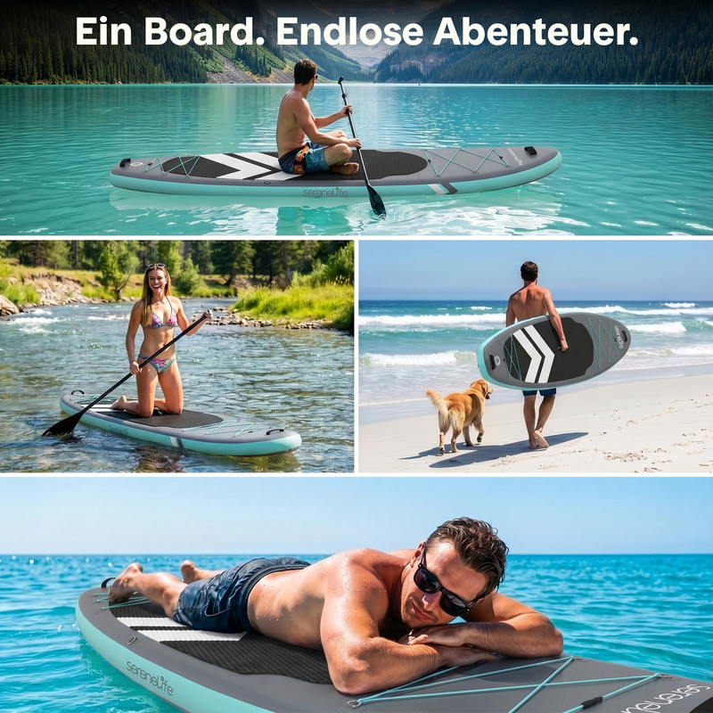 Mann paddelt auf See, Frau auf Fluss, Mann mit Hund am Strand, Mann auf Brett liegend.