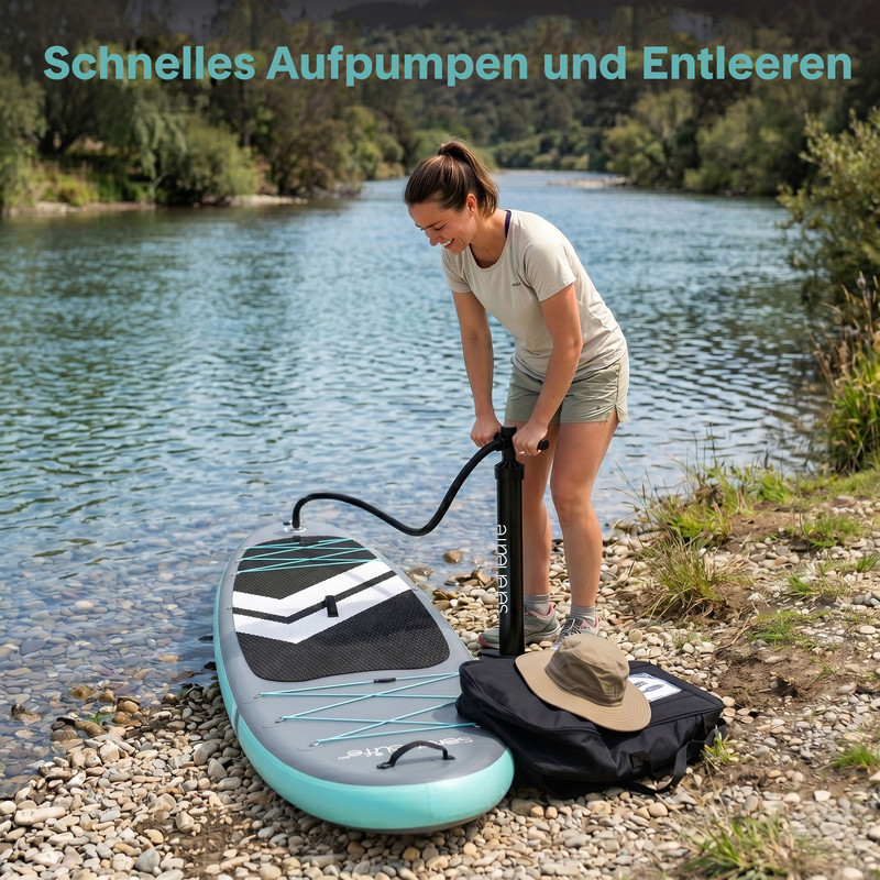 Frau pumpt aufblasbares SUP-Board am Flussufer auf.
