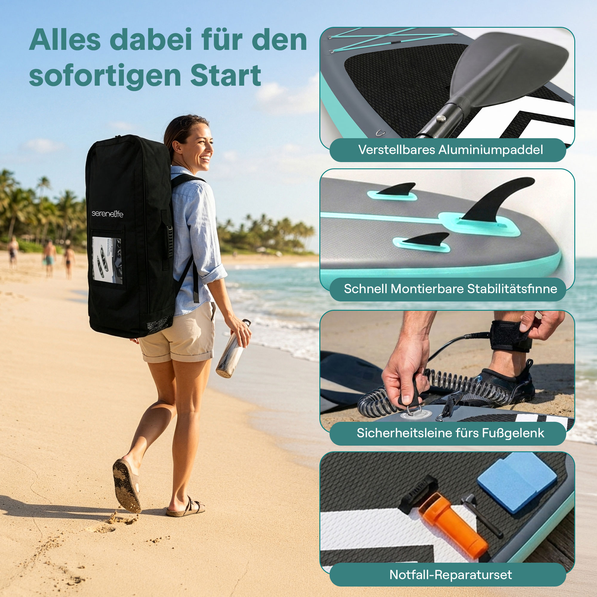 Frau mit Rucksack am Strand, zeigt SUP-Zubehör: Paddel, Finnen, Leine, Reparaturset.