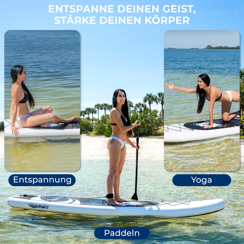 Frau beim Paddleboarden: Entspannen, Yoga machen und Paddeln auf klarem Wasser.
