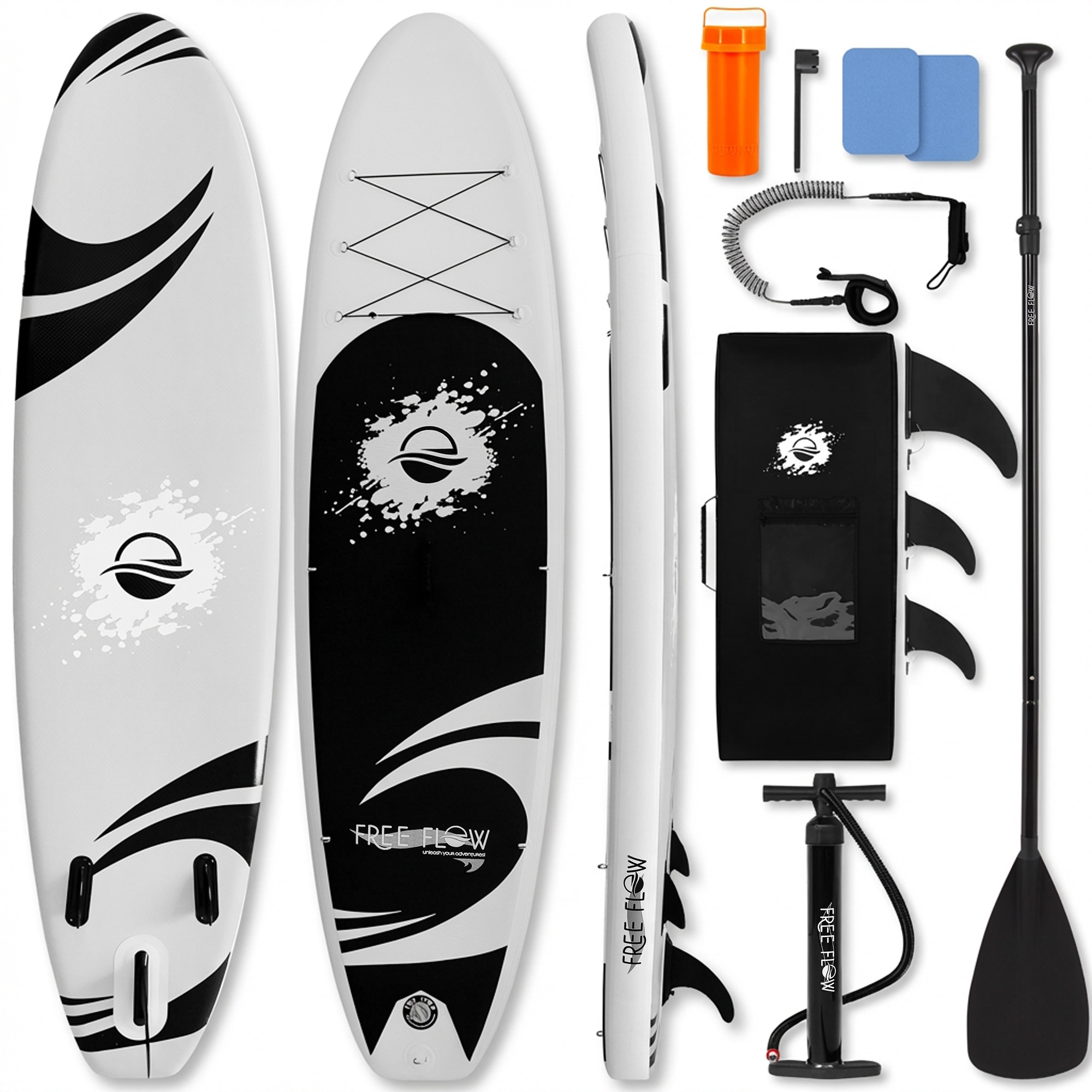 Weißes und schwarzes Stand-Up-Paddleboard mit Paddel, Pumpe, Finnen, Leine und Tasche.