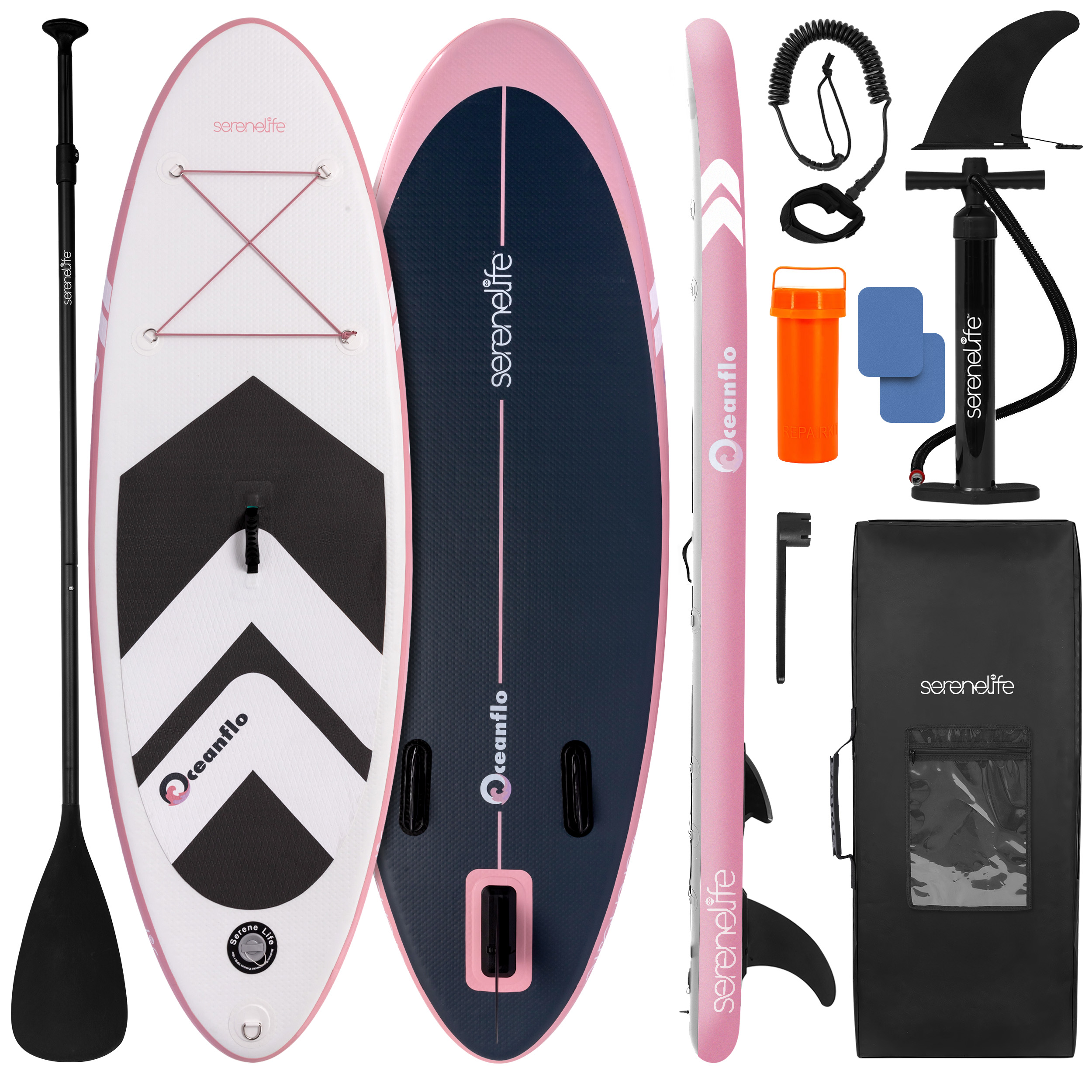 Stand-Up-Paddle-Board-Set mit Paddel, Pumpe, Finne, Leine und Tasche.