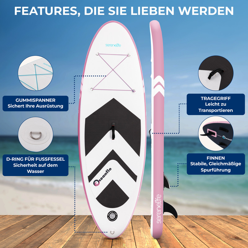 Rosa aufblasbares Stand-Up-Paddleboard mit Merkmalen, Gummispanner, D-Ring, Tragegriff und Finnen.