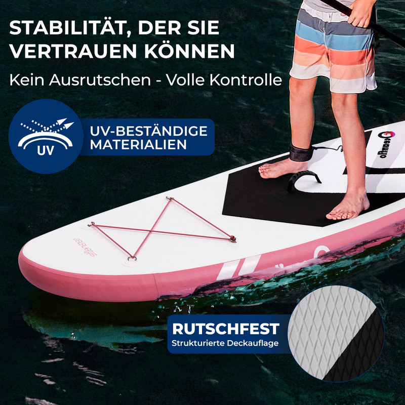 Person auf einem SUP-Board mit Text über Stabilität und UV-Schutz.