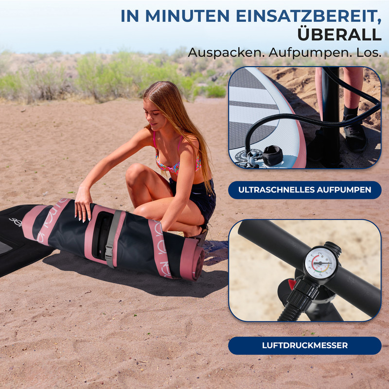 Junge Frau packt aufblasbares Board auf Sand aus. Mit Pumpe und Manometer.