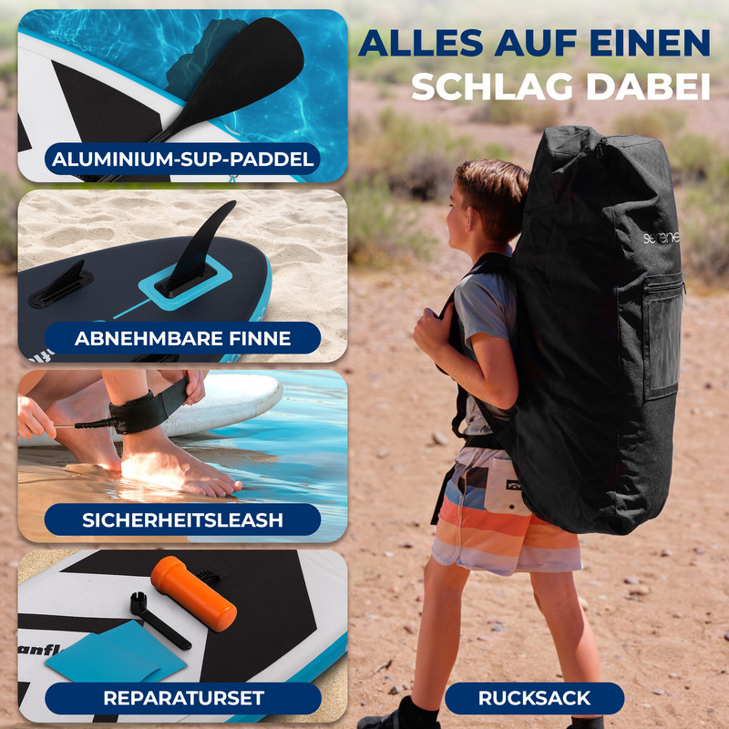 Ein Junge trägt einen großen schwarzen Rucksack, umgeben von Bildern von SUP-Zubehör.