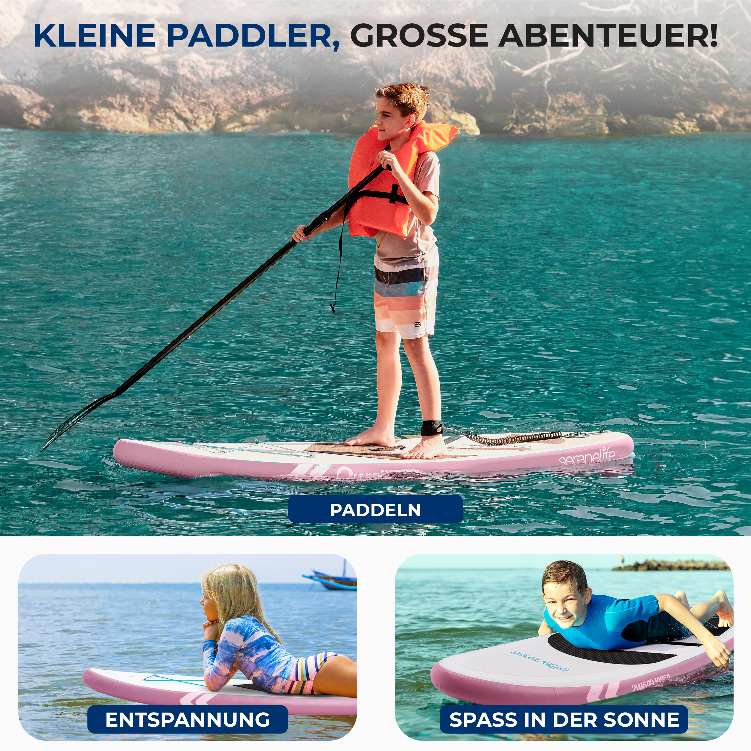 Junge paddelt auf rosa Brett. Mädchen entspannt. Junge lächelt auf Brett.