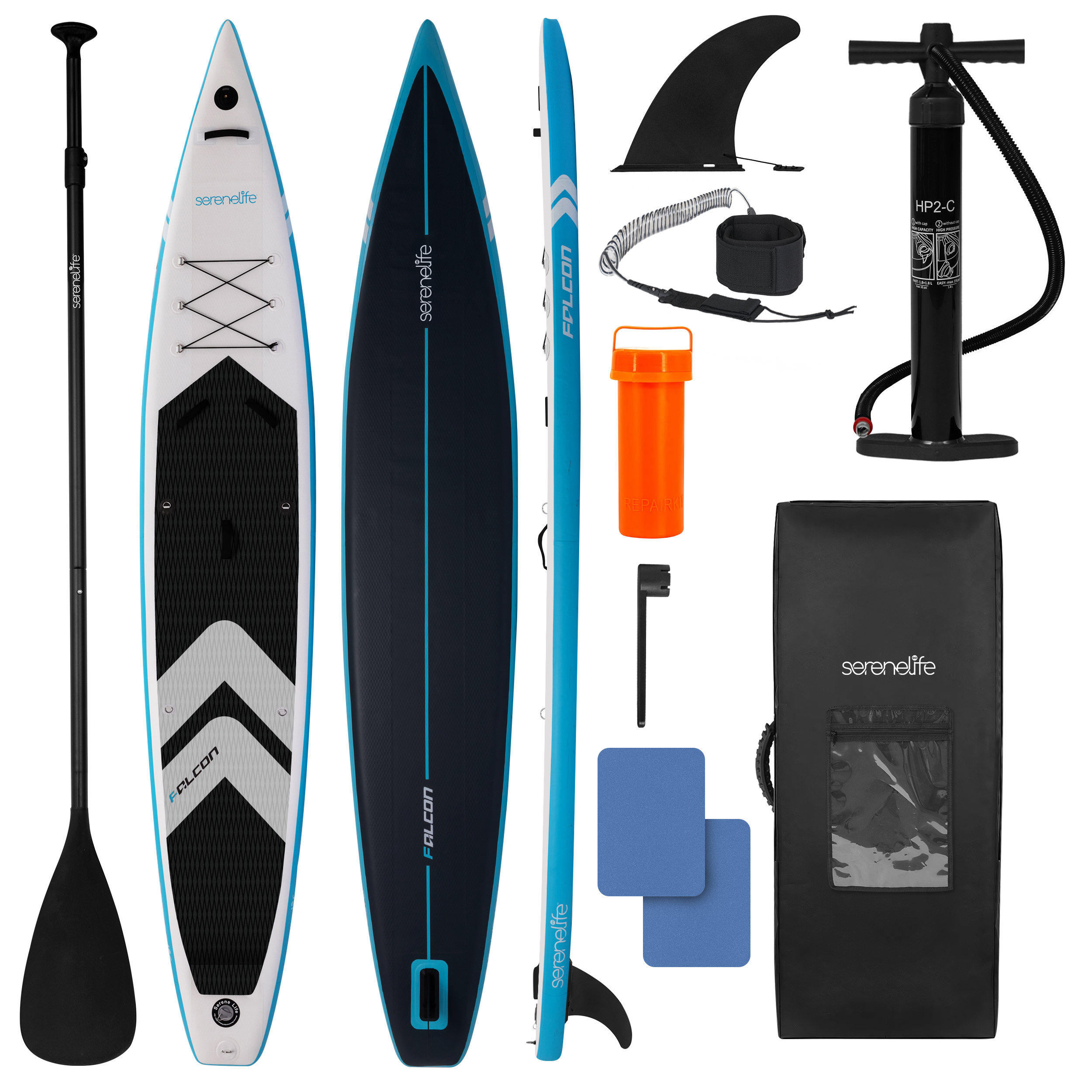 SUP-Ausrüstung: Paddel, Boards, Finne, Leine, Pumpe, Reparaturset, Tasche.