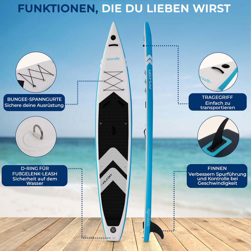 Ein aufblasbares Stand-Up-Paddleboard mit Zubehördetails auf einem Holzsteg am Strand.