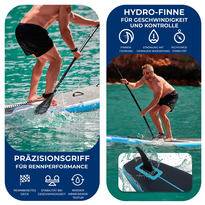 Mann paddelt auf einem Brett, zeigt Hydro-Finne, Präzisionsgriff.