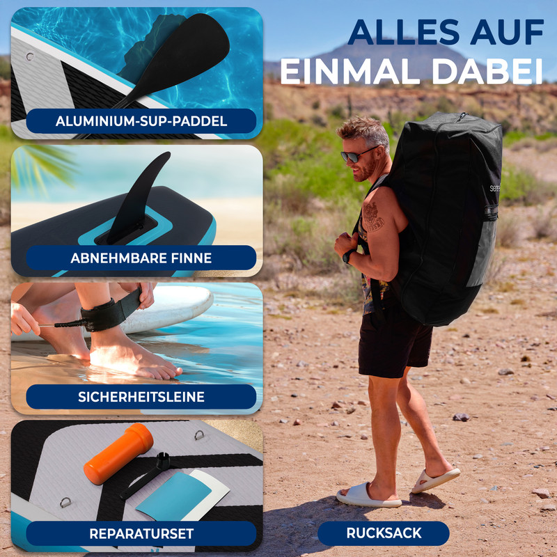 Mann trägt großen Rucksack; SUP-Zubehör wie Paddel, Finne, Leine, Reparatursatz.