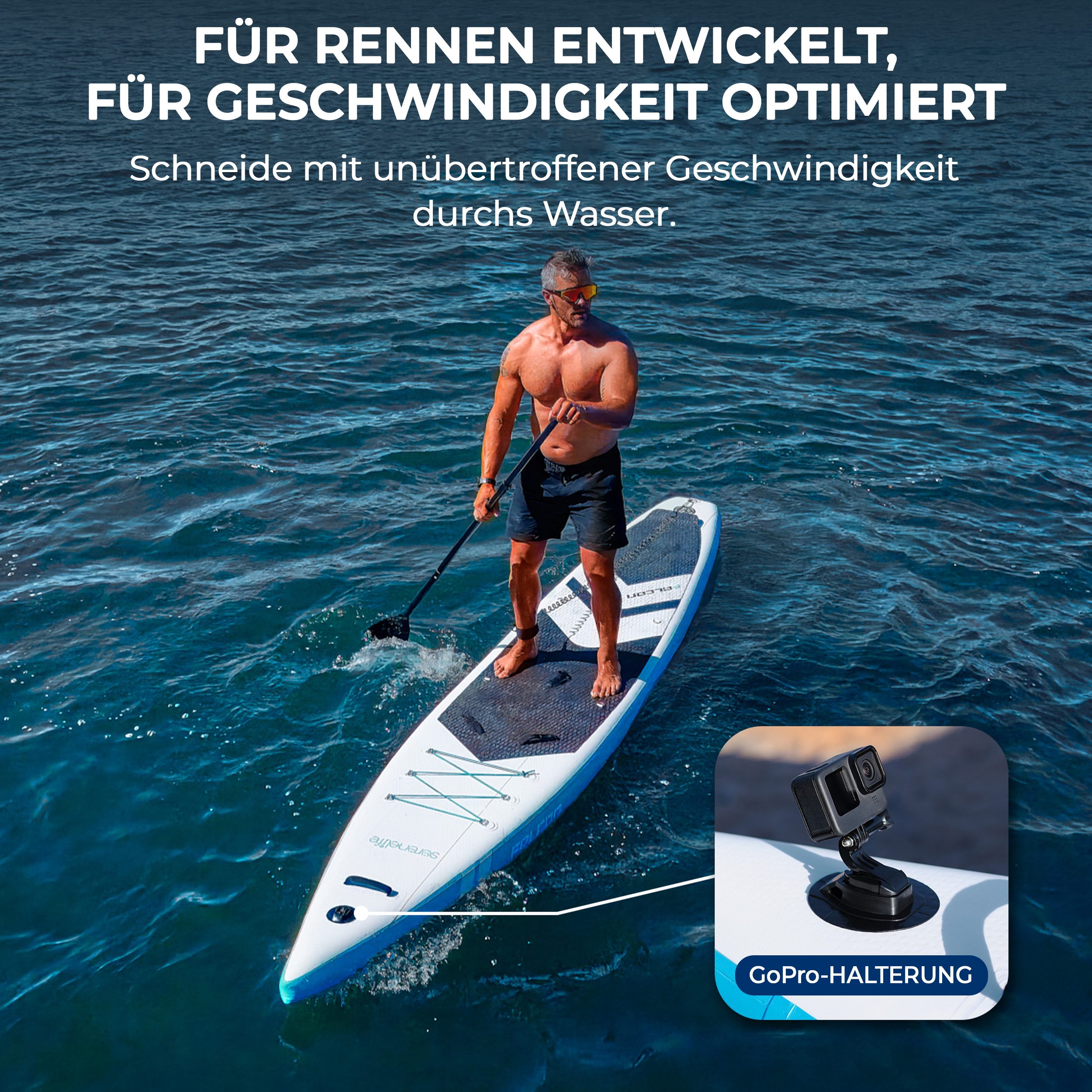Mann auf SUP-Brett mit GoPro-Halterung im Wasser. Text: Für Rennen entwickelt.