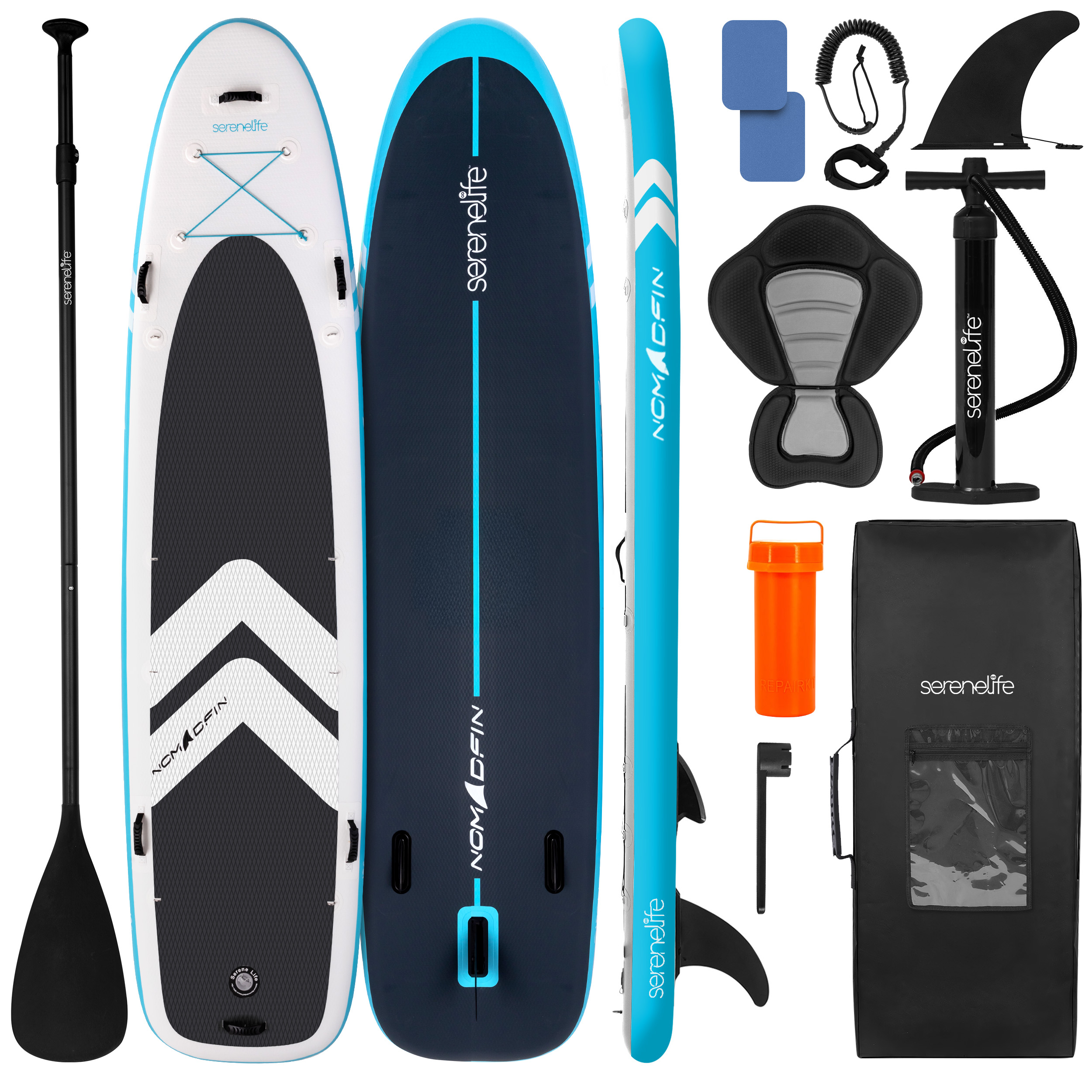 Aufblasbares Paddleboard-Set: Paddel, Pumpe, Finne, Sitz, Leine, Reparaturkit, Tasche.