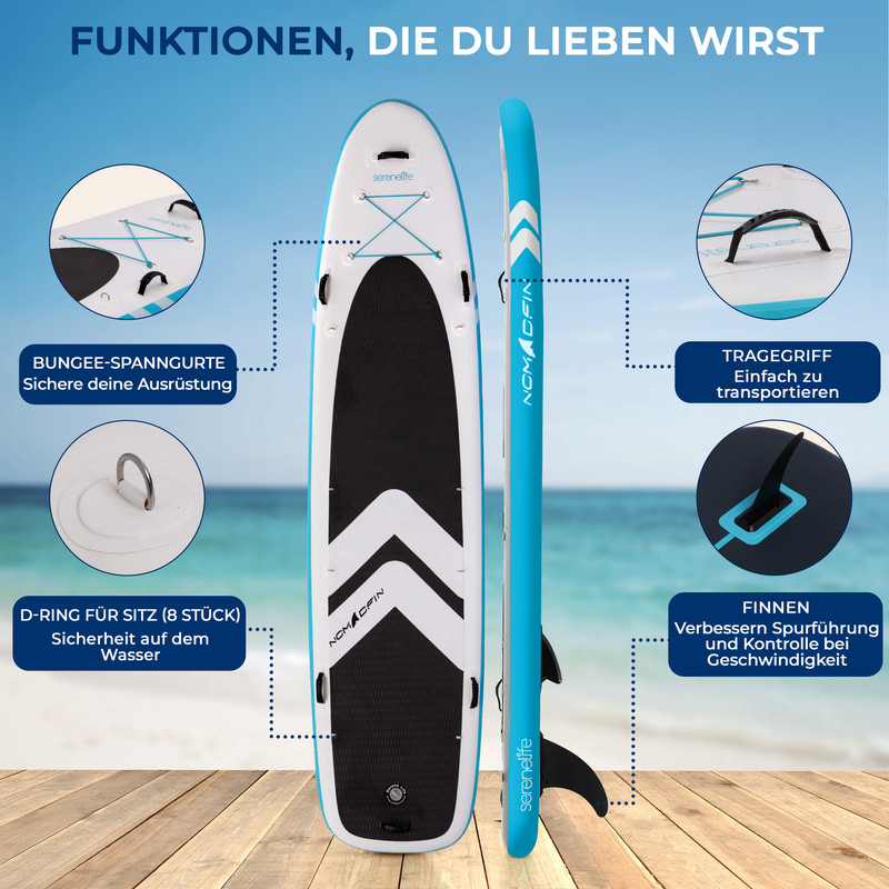 Ein blau-weißes Stand-Up-Paddleboard mit Griff, D-Ringen, Gurt und Finne.
