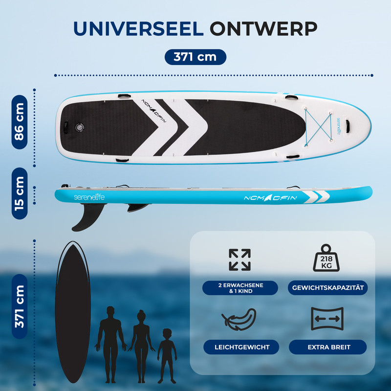 Ein aufblasbares Stand-Up-Paddleboard in Weiß und Blau mit Maßen.