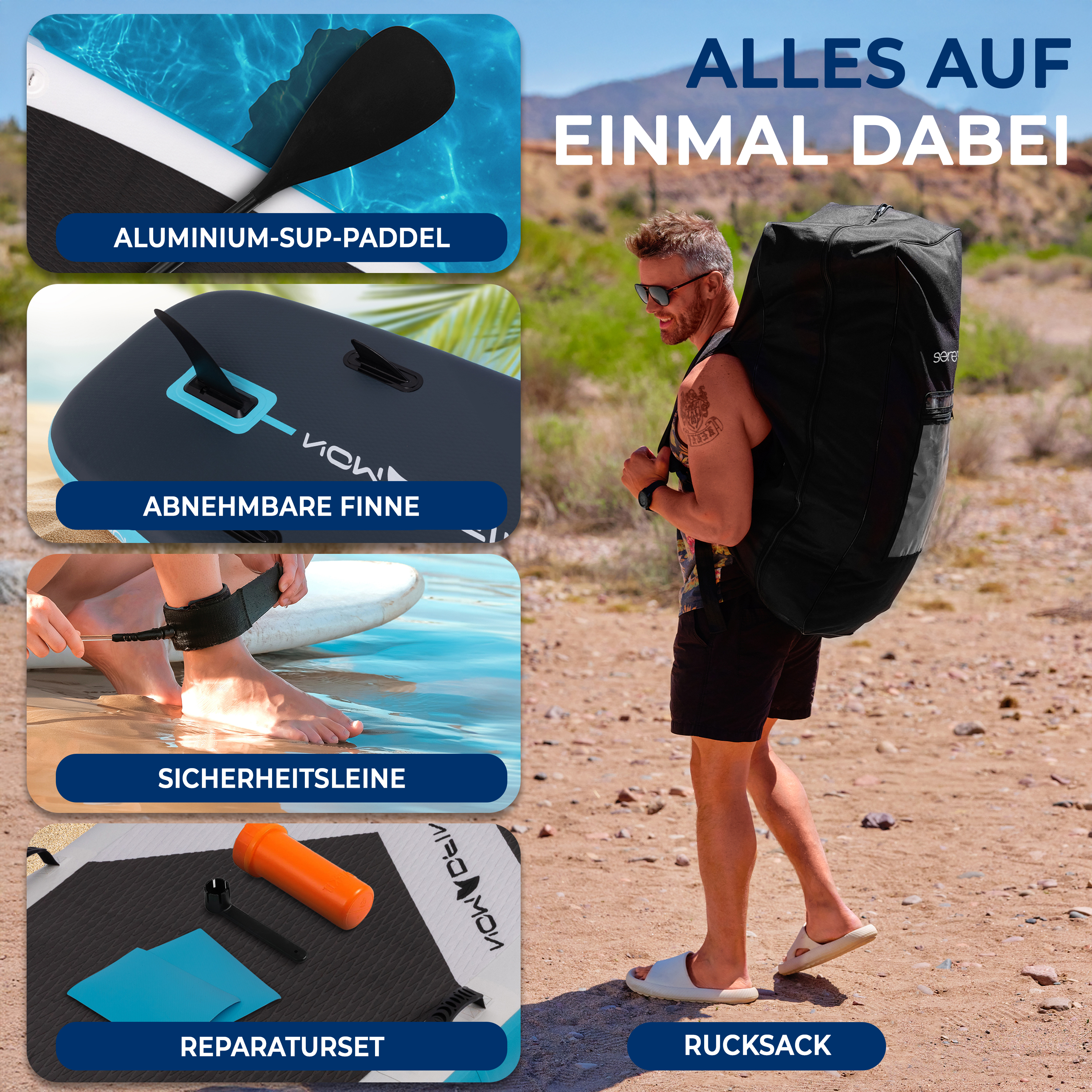 Mann mit Rucksack, SUP-Paddel, Finne, Leine und Reparaturset.