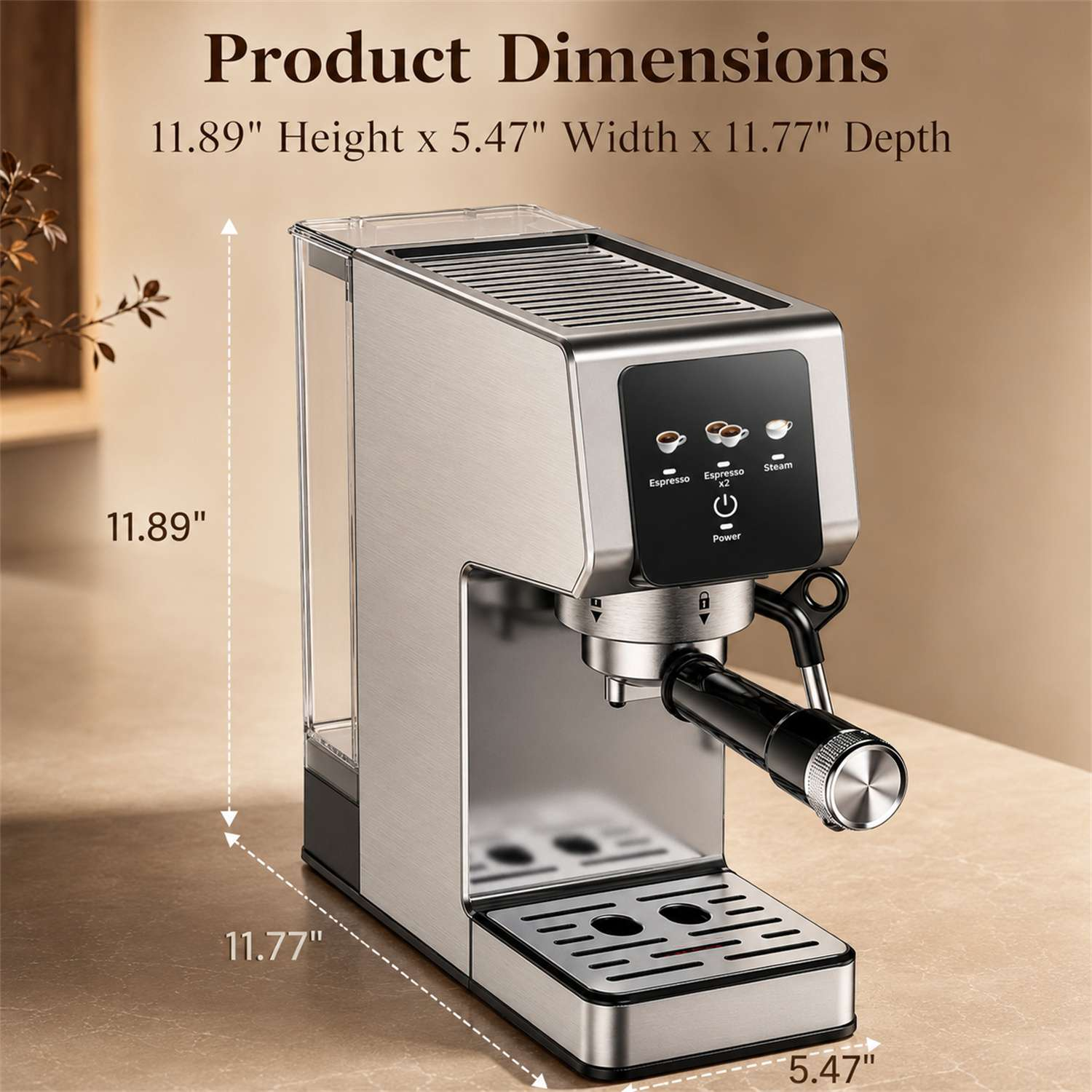 Kompakter silberner Espressomaschine mit digitalen Bedienelementen und Maßangaben.