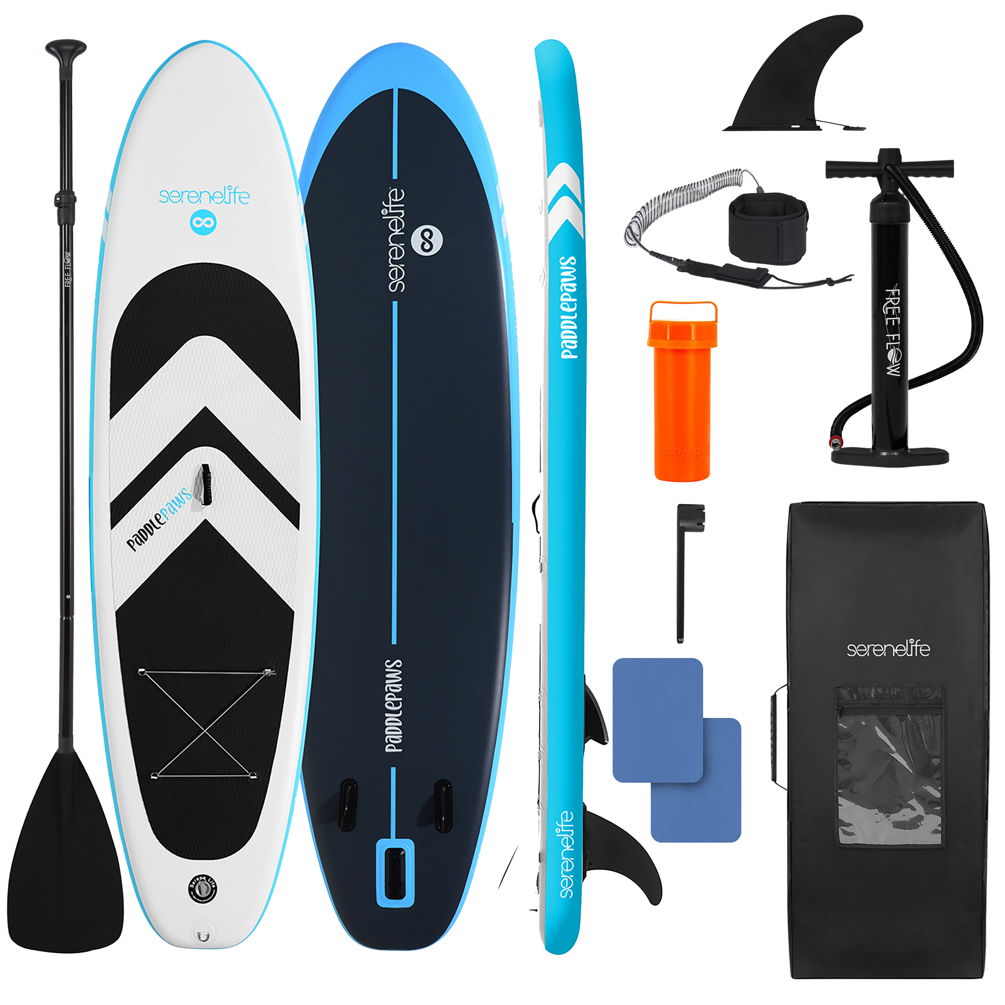 Paddelbrett-Set mit Paddel, Pumpe, Flossen, Leine, Reparaturset und Tasche.