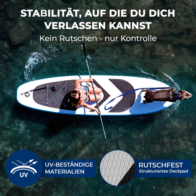 Frau mit Hund auf SUP, mit Text über Stabilität und Rutschfestigkeit.