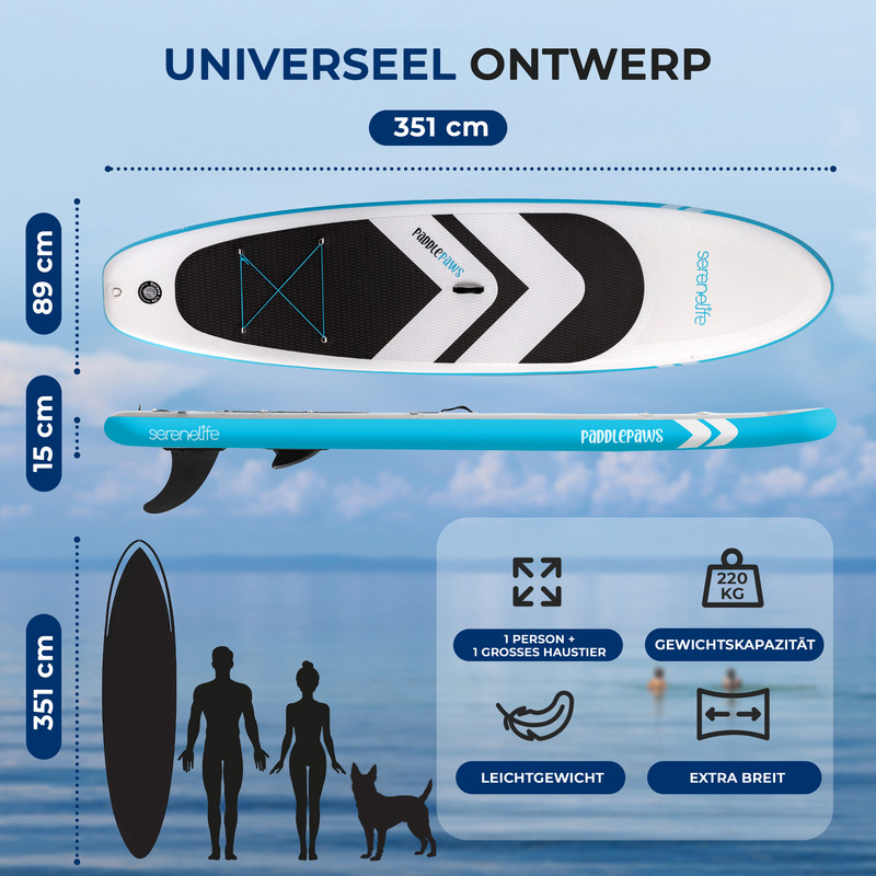 Ein aufblasbares Stand-Up-Paddleboard mit Maßen und Zubehör.