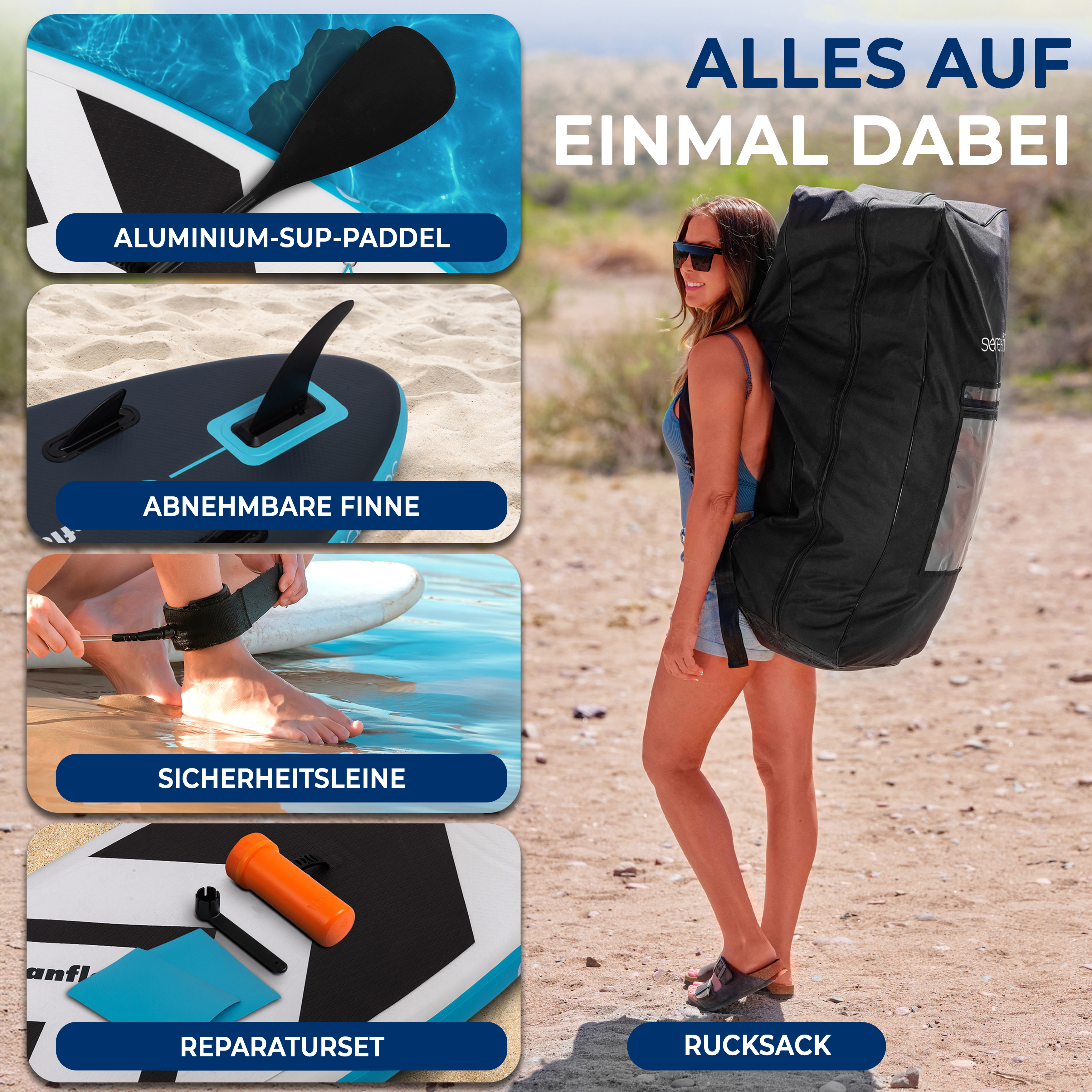 Frau mit Rucksack und SUP-Zubehör: Paddel, Finne, Leine, Reparaturset.