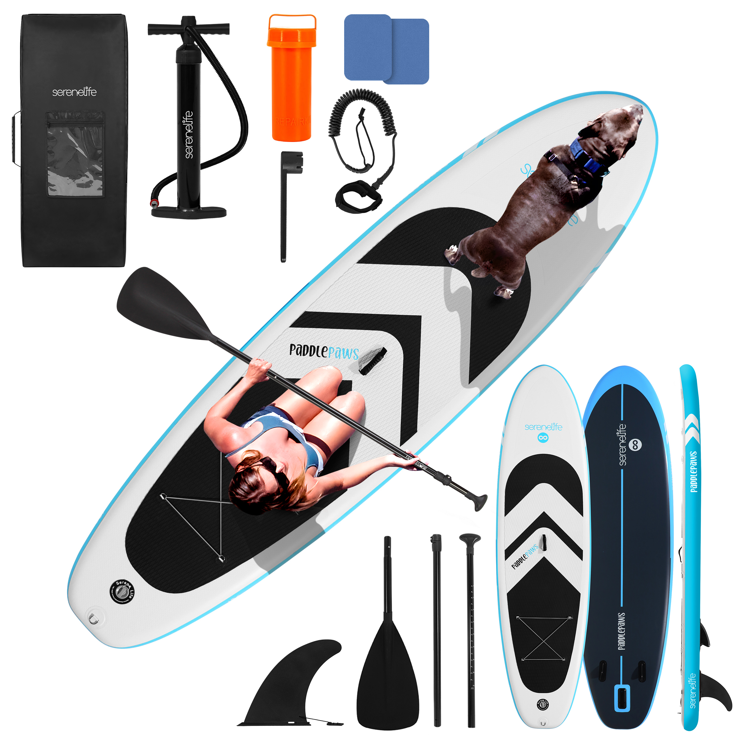 Aufblasbares SUP-Board mit Zubehör: Frau, Hund, Pumpe, Paddel, Tasche, Leine.