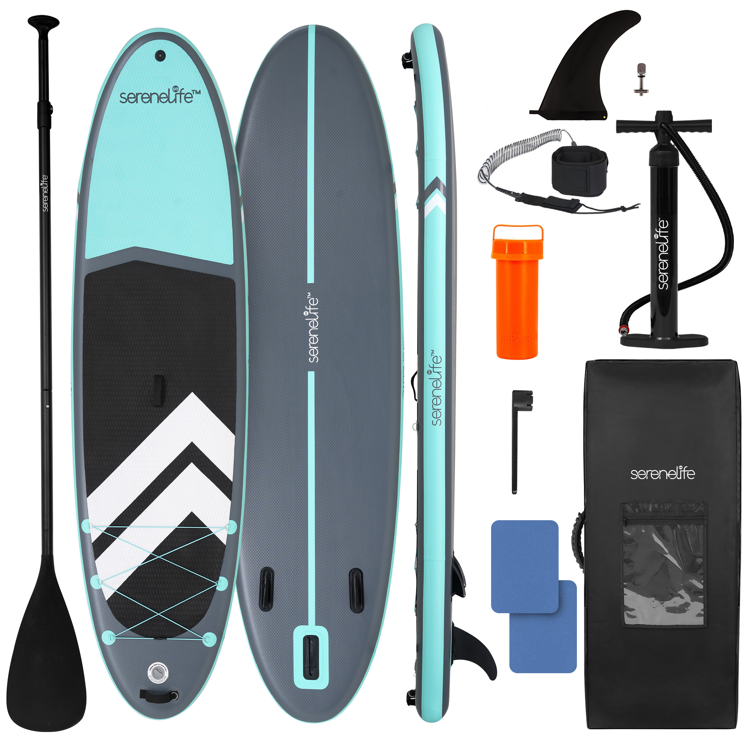 Graues und aquafarbenes aufblasbares Paddleboard mit Paddel, Flosse, Pumpe, Leine und Reparaturset.