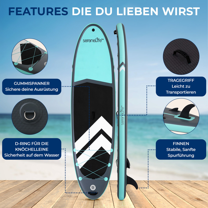 Aufblasbares SUP-Board mit Gummispanner, D-Ring, Tragegriff und Finnen.