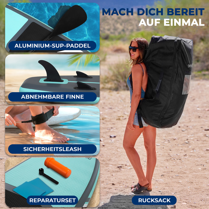 Frau trägt Rucksack neben SUP-Zubehör: Paddel, Finne, Leash, Reparaturset.