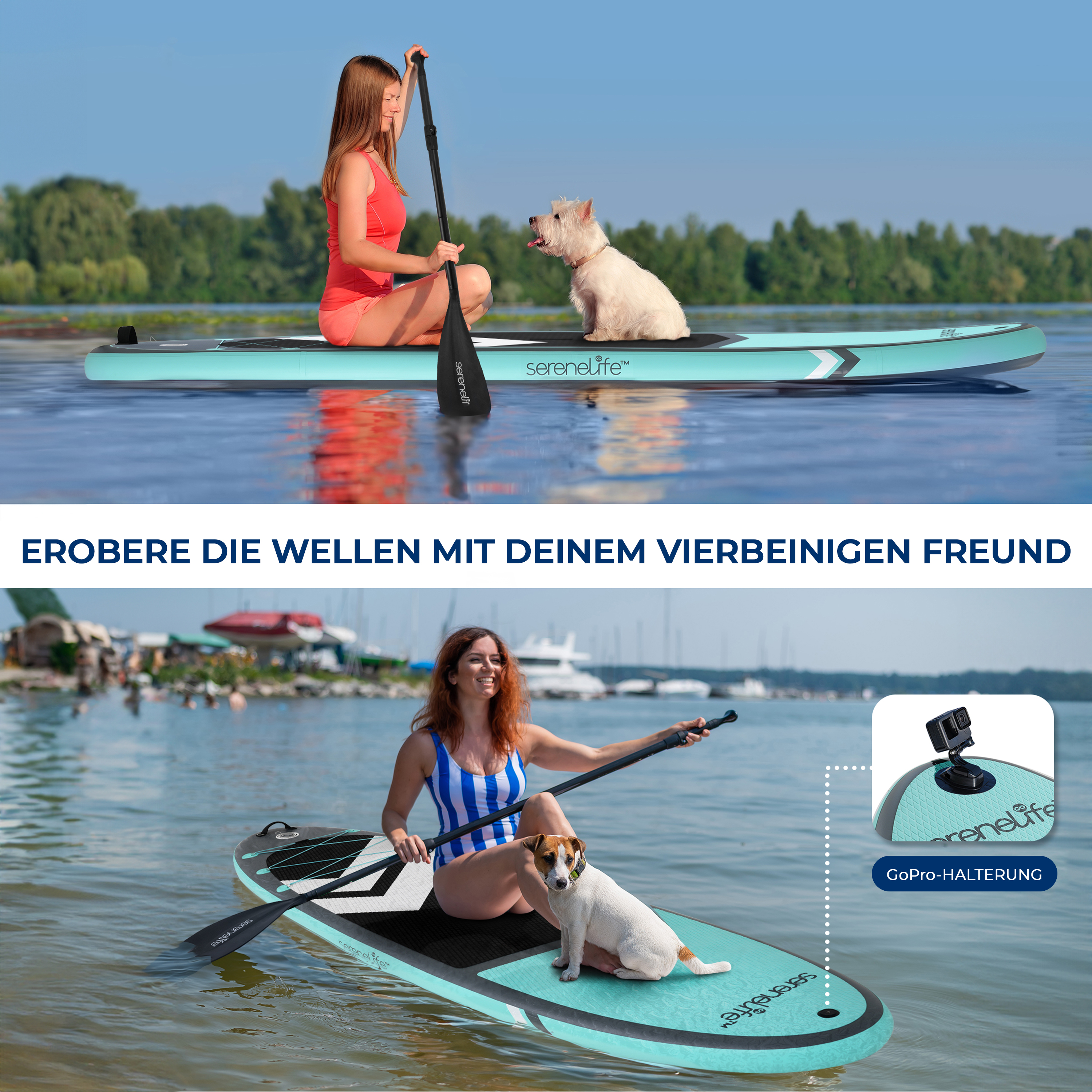 Frau und Hund auf Paddleboards; Mann und Hund auf Paddleboards mit GoPro-Halterung.