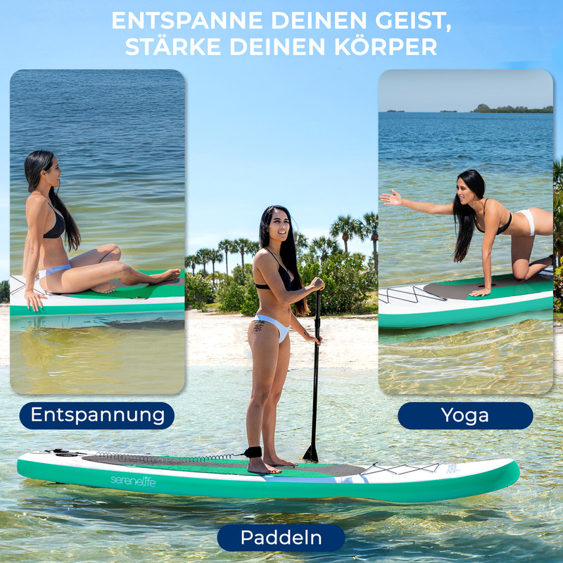 Frau auf Paddleboard: Entspannung, Yoga, Paddeln.