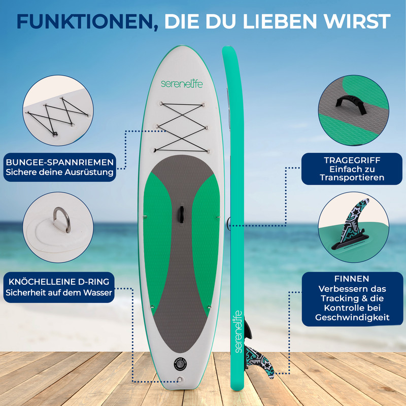 Ein aufblasbares Stand-Up-Paddleboard mit grünen und grauen Akzenten, Seilen und Zubehör.