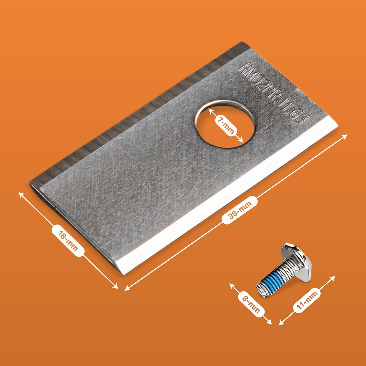 Ein Metallblatt mit Loch und eine Schraube mit blauem Gewinde auf orangefarbenem Hintergrund.