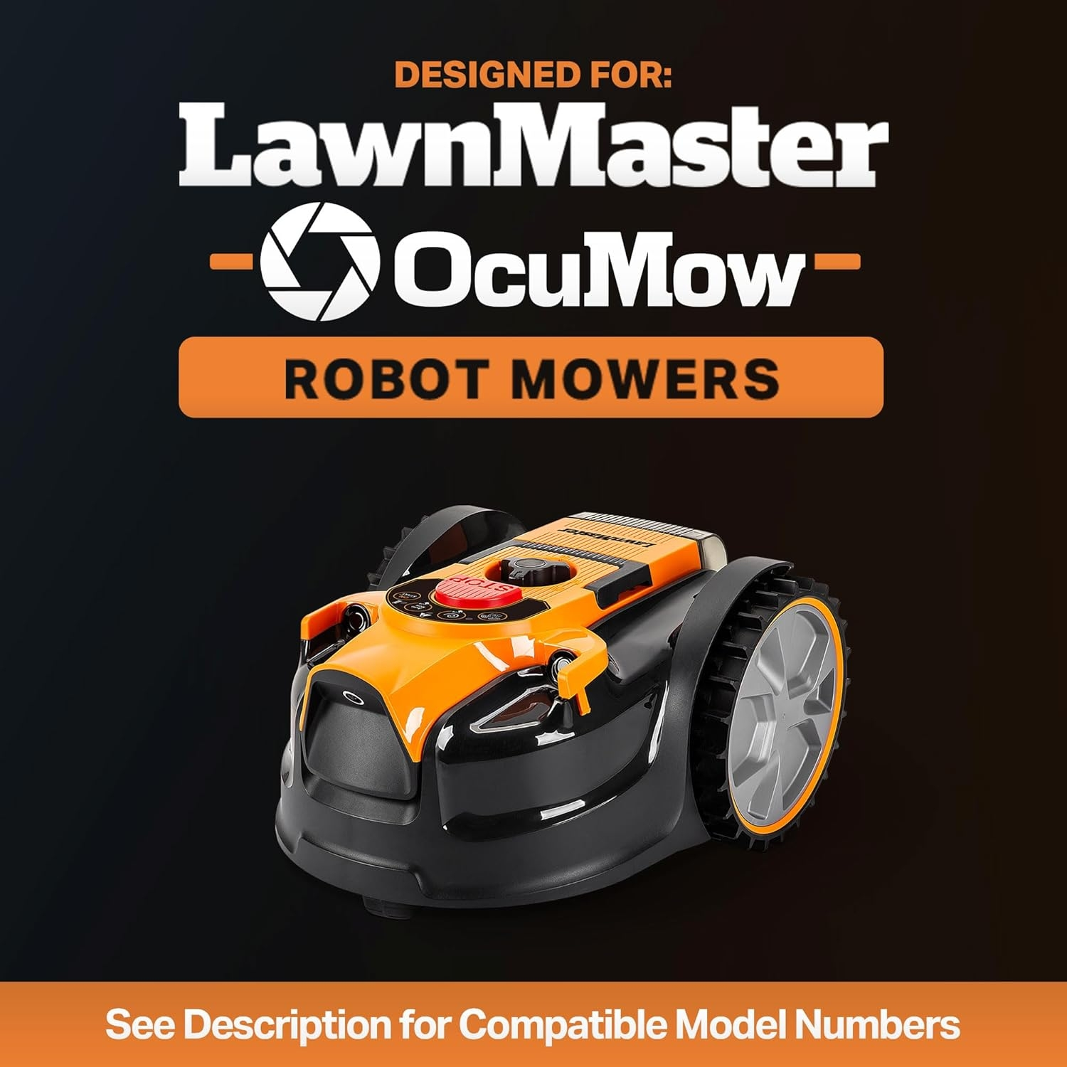 Ein orangefarbener und schwarzer Mähroboter von LawnMaster OcuMow.
